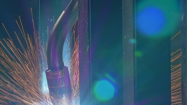 Close-up of an industrial argon welding robot at work. Sparks fly as the machine expertly fuses metal together, showcasing precise movements and vibrant blue colors in an electric atmosphere.