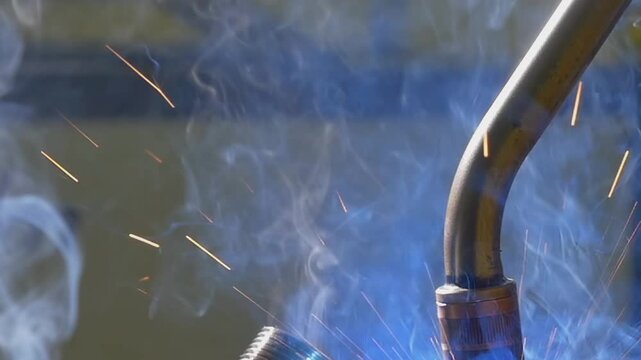 Experience the art of industrial welding as an argon robot gracefully joins metal pieces. Sparks fly and smoke swirls in a captivating close-up that showcases precision and power.