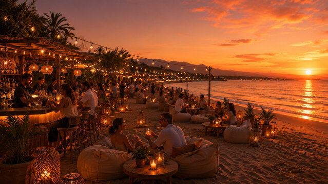  Una playa iluminada por un espectacular atardecer ofrece mesas con velas, un ambiente rom&aacute;ntico y vistas al mar mientras el cielo se ti&ntilde;e de intensos tonos anaranjados.
