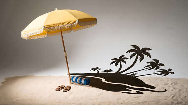 Beach umbrella casting shadow on sand with tropical palm silhouette and vintage surfboard