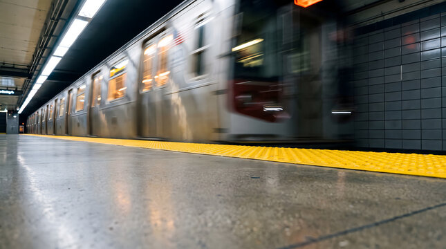Blurred Motion Subway Train Passing Underground Station Platform in Low Light