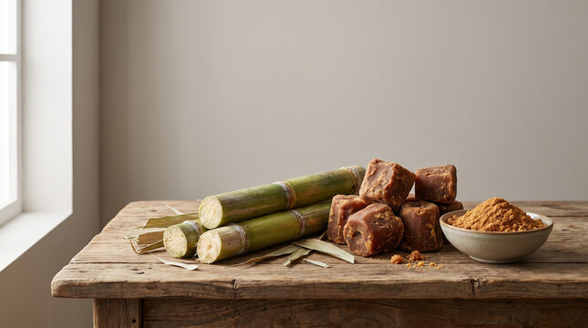 Fresh green sugarcane stalks with organic jaggery blocks and brown sugar in a small bowl