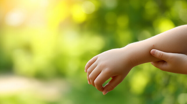 Child scratching an itchy mosquito bite on the arm outdoors. Skin irritation, insect bite, allergy symptoms, summer health, prevention, pediatric care and mosquito awareness concept.