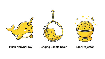 Cute Yellow Toys: Narwhal Plush, Bubble Chair, Star Projector © fredi
