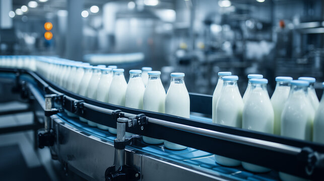 Glass bottles filled with fresh milk moving along an automated production line in a modern dairy factory. Food processing, quality control, beverage manufacturing and industrial automation.