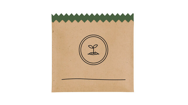 Kraft paper seed packet with sprout logo and green serrated top