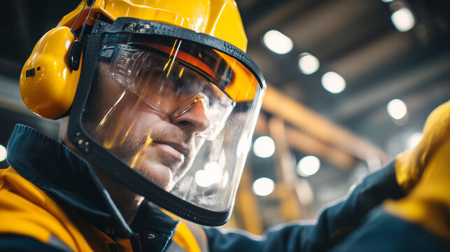 Industrial worker wearing protective helmet, face shield and earmuffs while operating equipment in a manufacturing facility. Workplace safety, personal protective equipment and engineering concept.