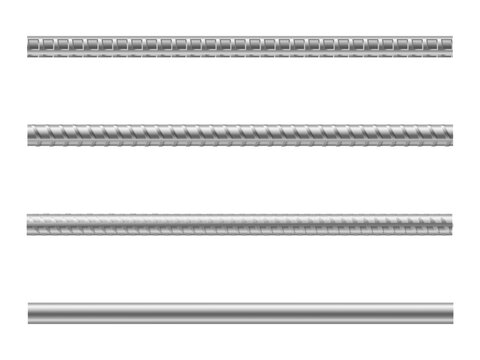 Steel rods with surface impression and linear details. Vector set of isolated industrial objects. Engineering and mechanical concept, construction material presentation and manufacturing