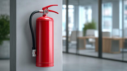 Fototapeta premium Red fire extinguisher mounted on office wall in modern workplace. Fire protection equipment, emergency preparedness, occupational safety, building security and compliance concept.