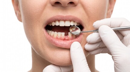 Fototapeta premium Close Up Dental Implant Consultation for Missing Tooth on White Background