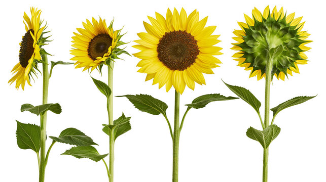 Four sunflowers showing front side, and back views