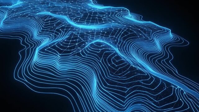 白い背景に細い青いデジタル線で継続的に生成される地形メッシュの3Dモデリング