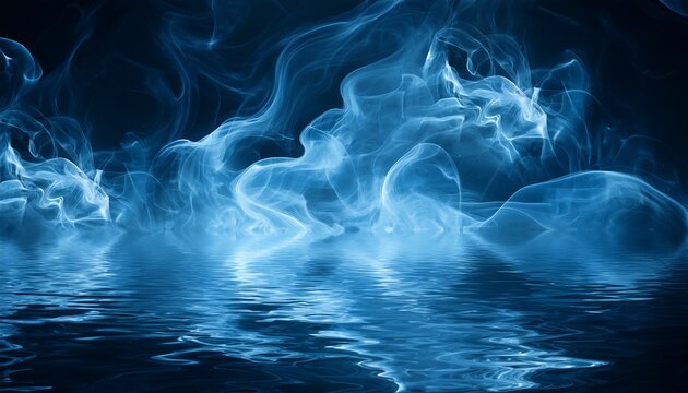 Abstract Blue Smoke And Dark Black Clouds Background Electricity Storm Blue Seamless Texture Cosmic Plasma Energy Transparent Water With Refraction Of Sunlight And Reflections On Water Surface