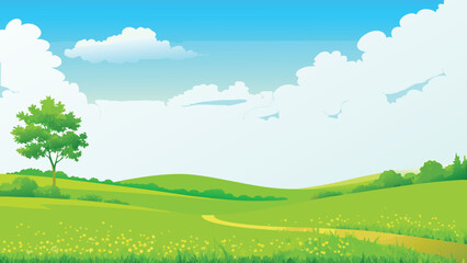 Green rolling hills with blue sky and fluffy clouds illustration © PUNNABEGUM