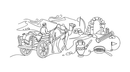 Obraz premium Desert Caravan: Camel pulling cart near ancient ruins and artifacts, illustration