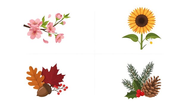 AI Generated Four Seasons Floral Botanical Icons Cherry Blossom Sunflower Maple Acorn Pinecone