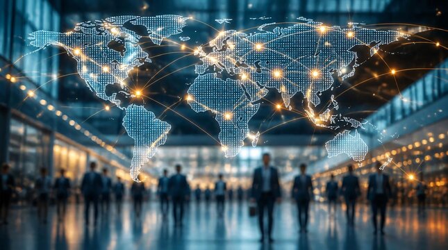Global network connection map featuring business executives in modern office in the background.
