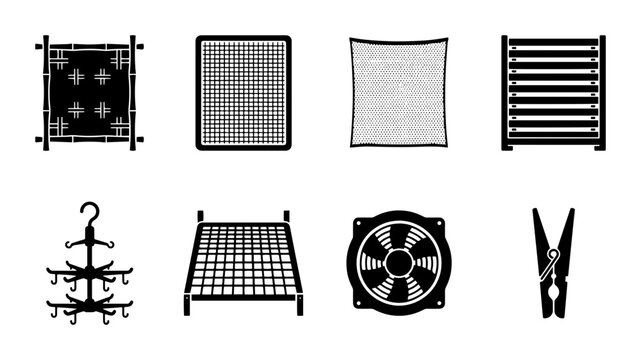 Collection of Black and White Icons: Drying Racks, Fan, Clothespin, and Decorative Frames for Storage and Organization