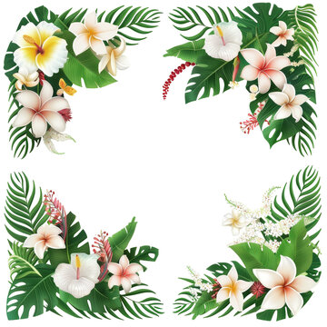 Tropical flower frame with plumeria and hibiscus on transparent background. Floral corner border design with green palm leaf for wedding invitation card. Summer botanical illustration.