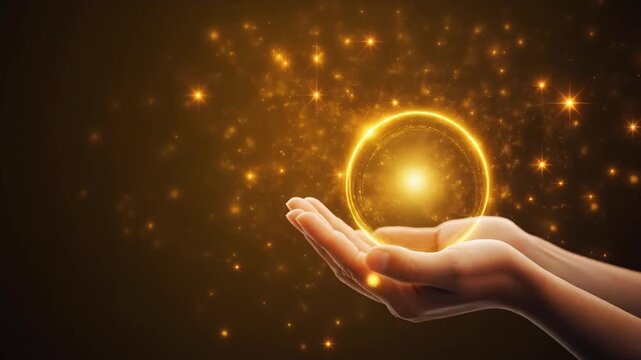 まばゆい金色の光の球体を優しく包み込む多様な二つの手の希望のイメージ