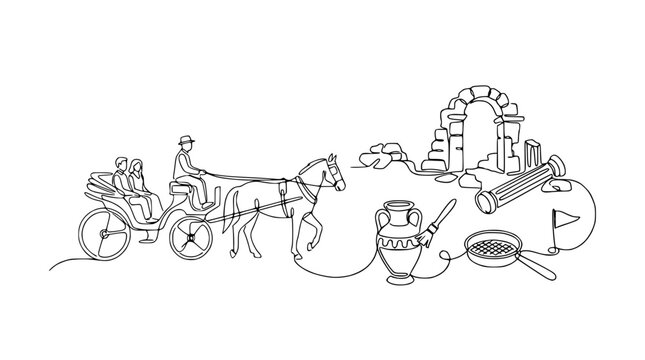 Horse-drawn carriage tour through ancient ruins with artifacts, line art illustration