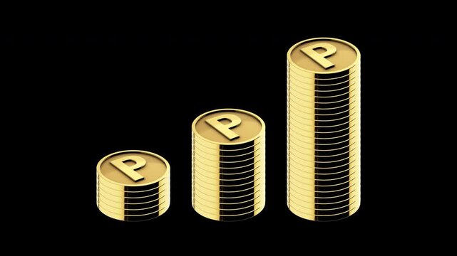 ポイントカードマークの刻印がされた金色のコインが積み上がっていくアルファチャンネル付き3D CG