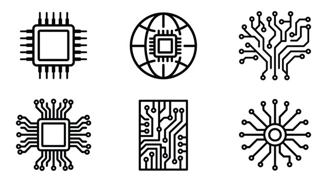 Set of black and white vector icons representing modern computer chips and complex electronic circuit boards for digital technology design