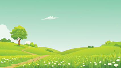 Green rolling hills landscape with a single tree vector illustration © PUNNABEGUM