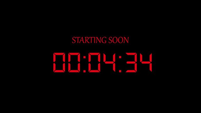 A beautiful new red digital countdown 05 minute to 0 second with text starting soon icon animation.Abstract five minute to zero second digital countdown icon animation.