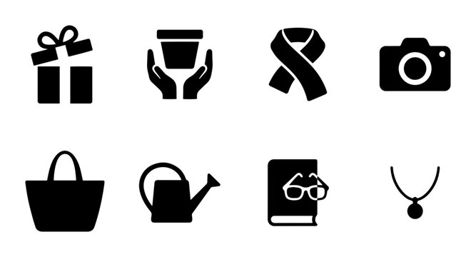 Set of 8 Simple Black Icons: Gift, Care, Ribbon, Camera, Bag, Watering Can, Book, Necklace
