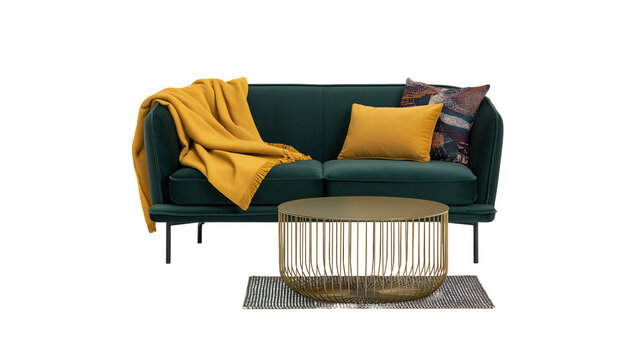 Green velvet sofa with yellow throw and pillows, gold coffee table
