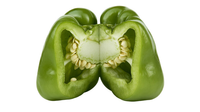 Green bell pepper cut in half showing seeds and interior
