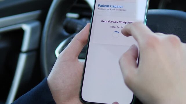a user reviewing a dental x ray study on a mobile device. The interface shows a radiograph of the upper and lower jaw with a full report. Ideal for illustrating medical diagnostics, health tech, and