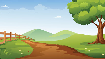 Fototapeta premium Rolling hills landscape with a dirt path and fence