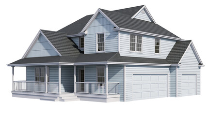 Light blue siding two story house with dark gray roof and white porch © Isabel