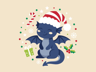 Naklejka premium Cute Christmas Blue Dragon Wearing Santa Hat Vector Illustration