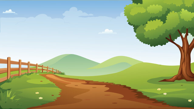 Rolling hills landscape with a dirt path and fence