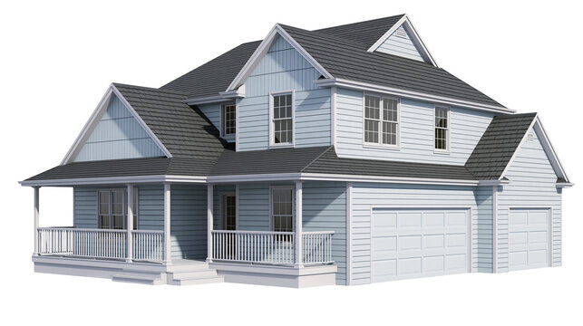 Light blue siding two story house with dark gray roof and white porch