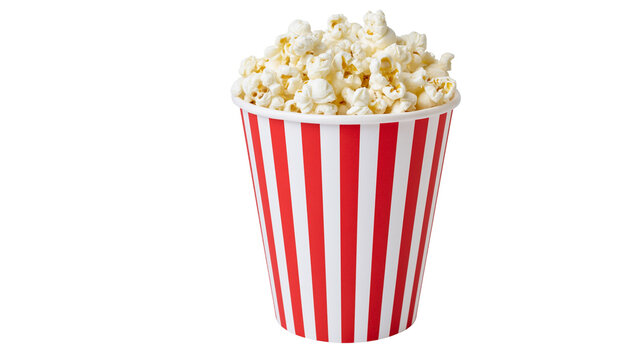Red and white striped bucket full of popcorn