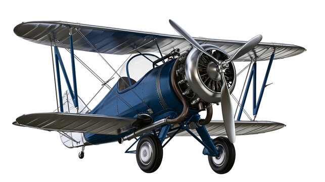 Blue vintage biplane aircraft with silver wings and propeller