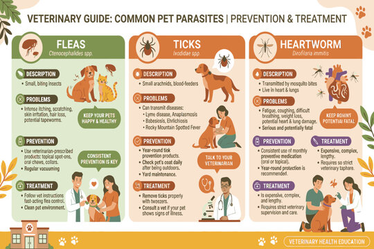 Pet parasites prevention treatment infographic explaining parasite control, early detection, effective medications, and veterinary health practices