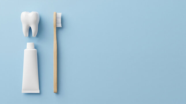 Top down view of a tooth model, blank toothpaste tube, and bamboo toothbrush on a blue background