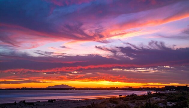 Coastal sunset ablaze with vibrant colors orange, purple, pink and gold in clouds