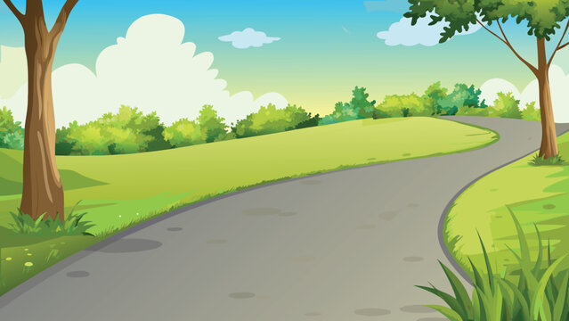 Rolling hills and winding path vector illustration with scenic background
