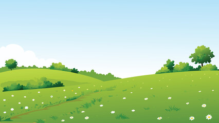 Rolling green hills landscape with trees vector illustration © PUNNABEGUM