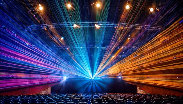 vibrant and colorful stage lights illuminating an empty concert hall with dramatic illumination and cultural ambiance