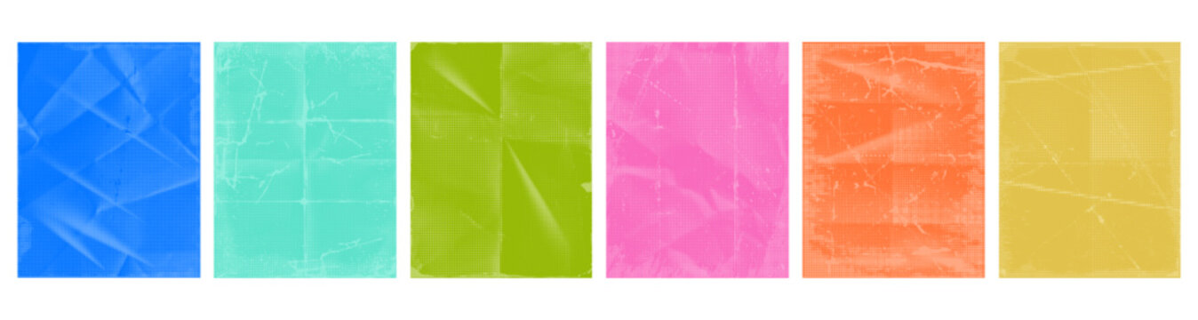 Grunge halftone paper sheets with wrinkles and fold lines. Vector distressed textured backgrounds for urban poster and music cover, zine layout or editorial composition. Worn parchment surfaces set