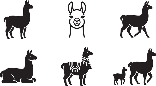 Black and white llama and alpaca icons in various poses Vector