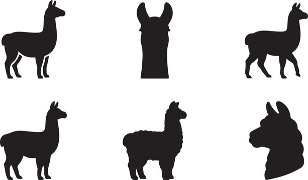 Black silhouette illustrations of llamas and alpacas in different poses Vector