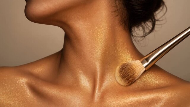 Close up of woman applying golden shimmer makeup powder on neck and collarbone for glowing skin